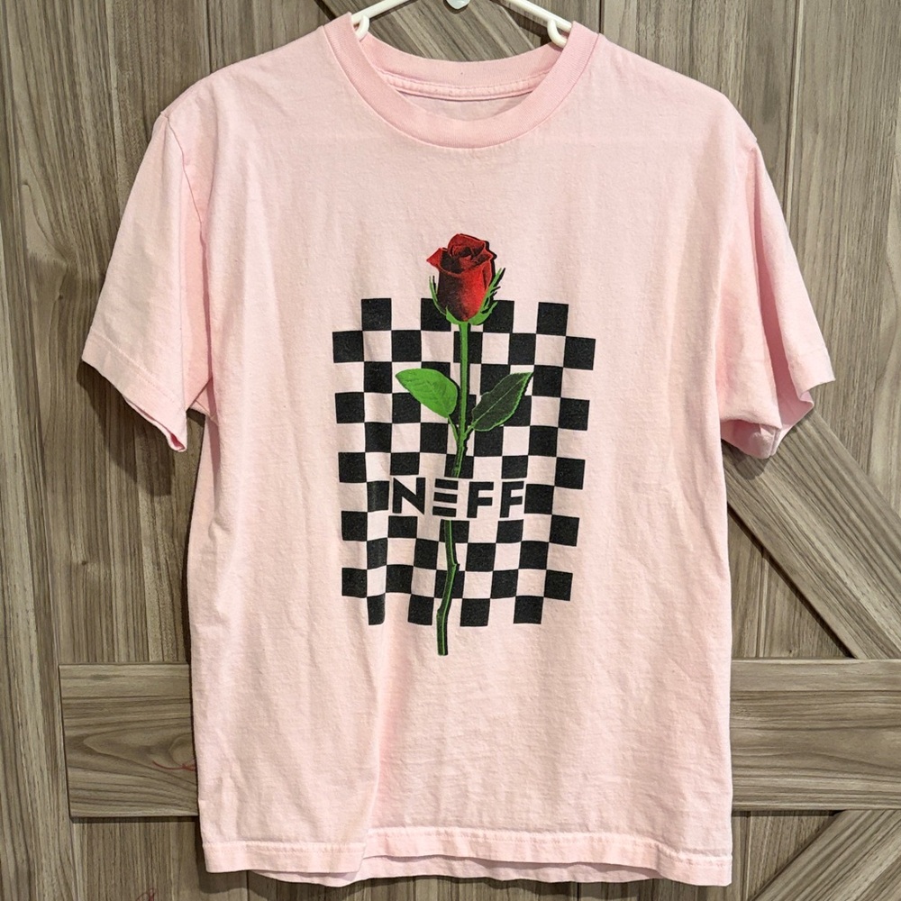 Neff Pink T-Shirt with Rose and Checkered Design